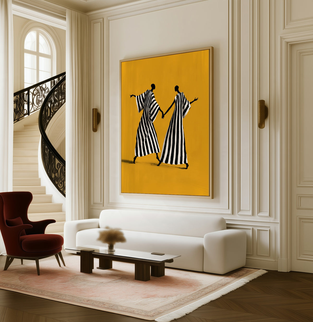 Midday Dance framed canvas in a living room beside a curved staircase