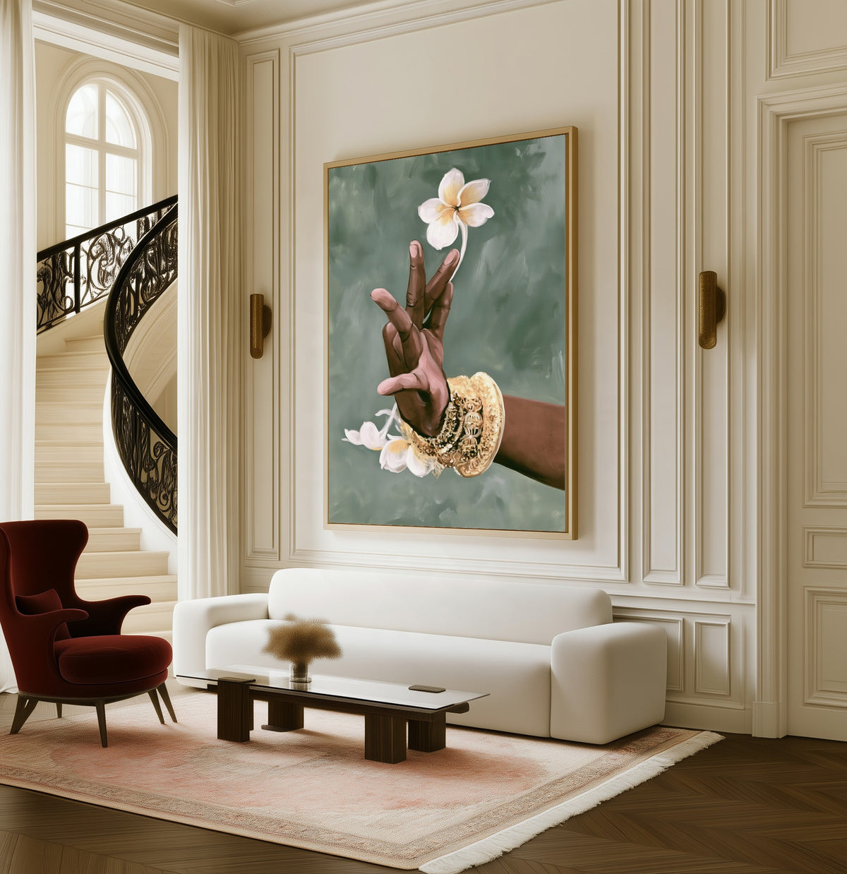 Tender Gesture framed canvas in a living room beside a curved staircase