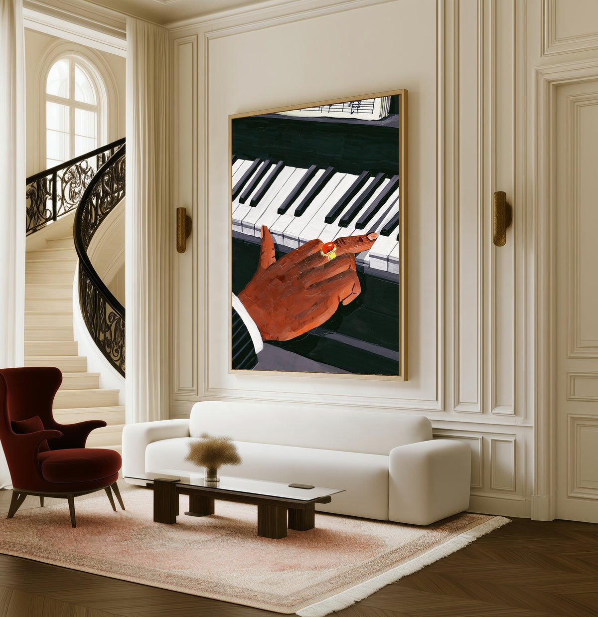 The Pianist's Hand framed canvas in a living room beside a curved staircase