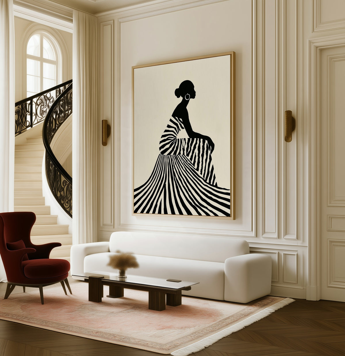 Line and Grace framed canvas in a living room beside a curved staircase