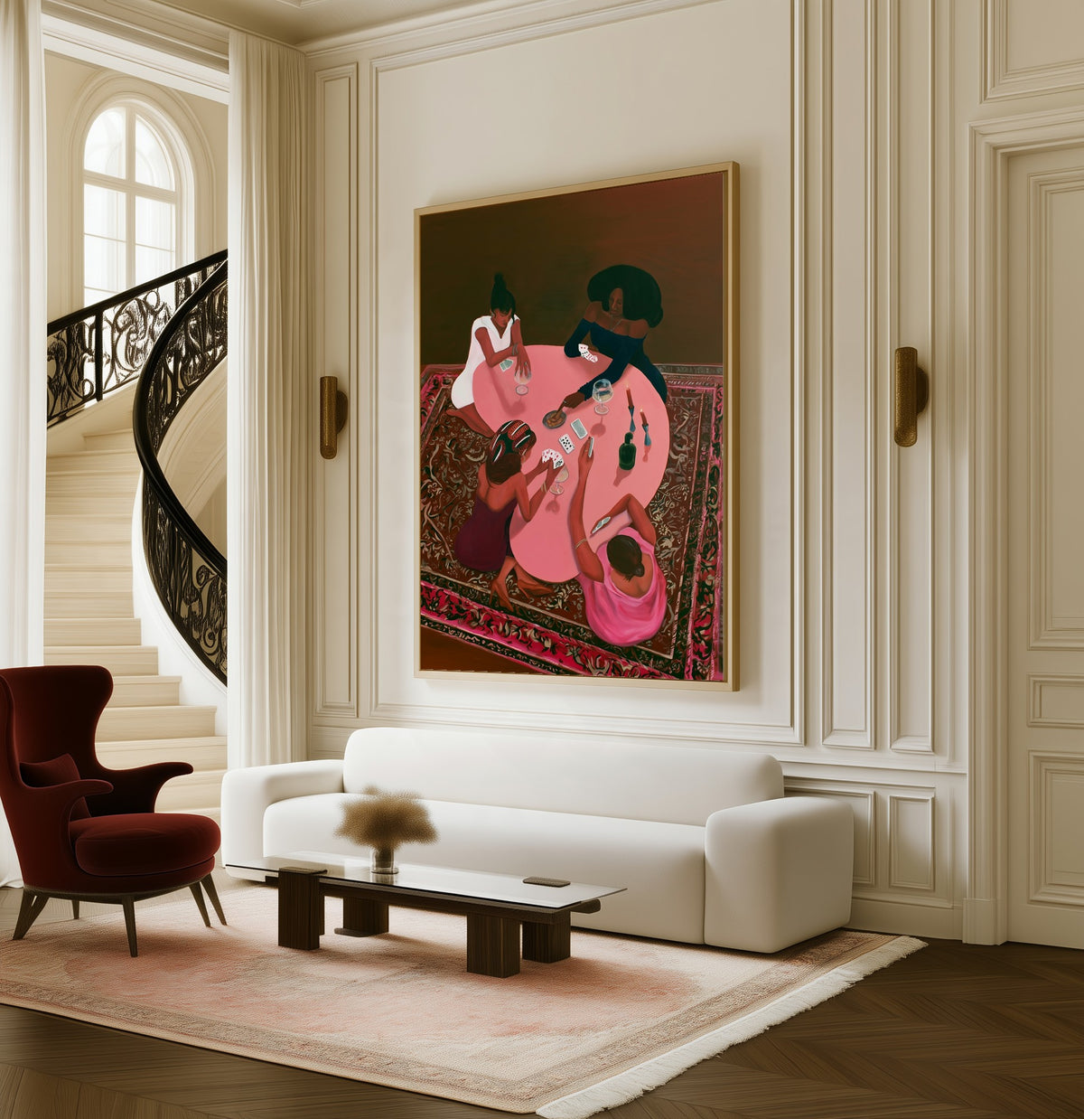The Card Game framed canvas in a living room beside a curved staircase