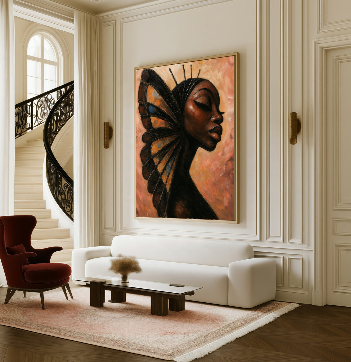 The Chrysalis framed canvas in a living room beside a curved staircase