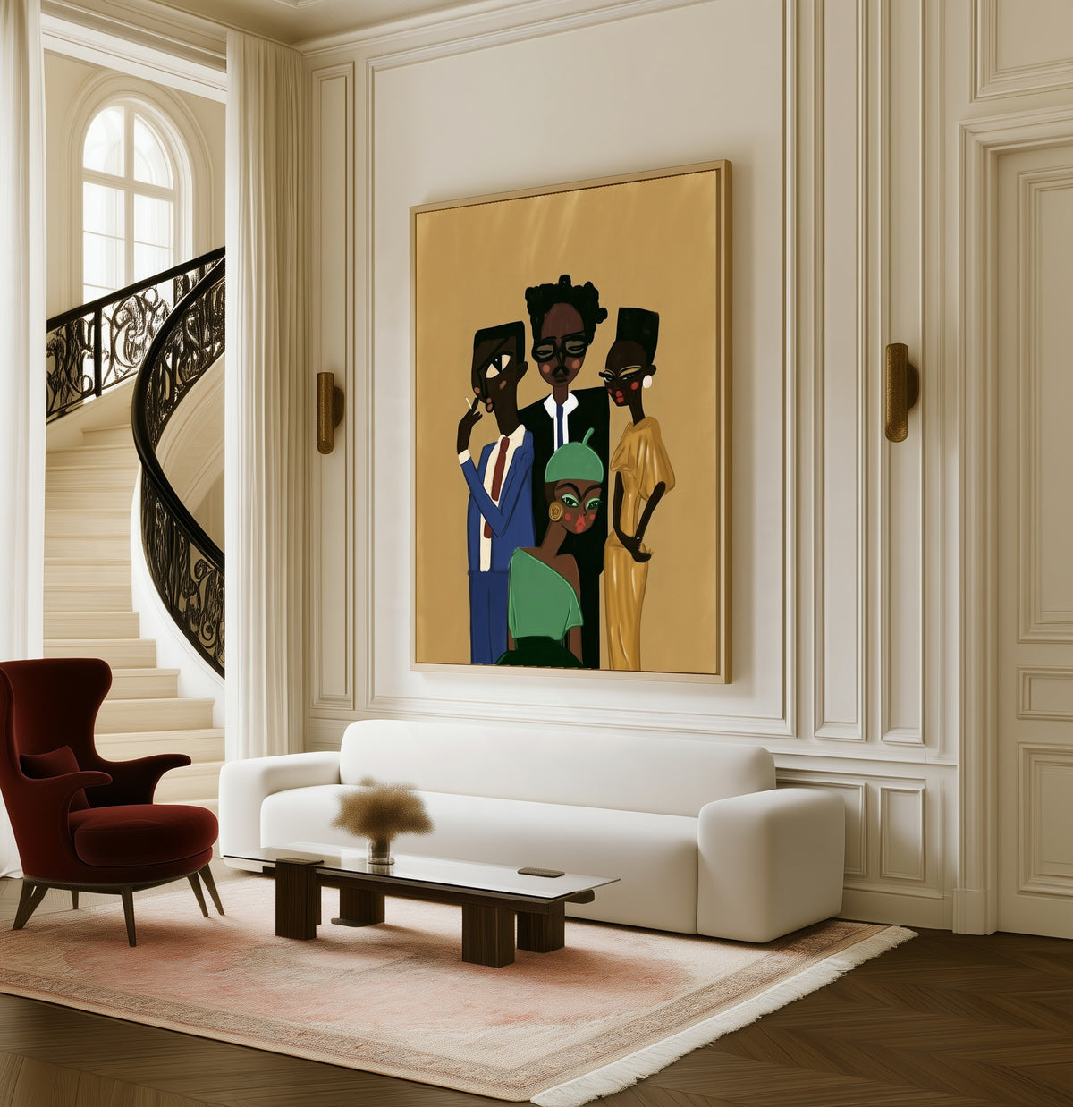 Dressed for Sunday framed canvas in a living room beside a curved staircase