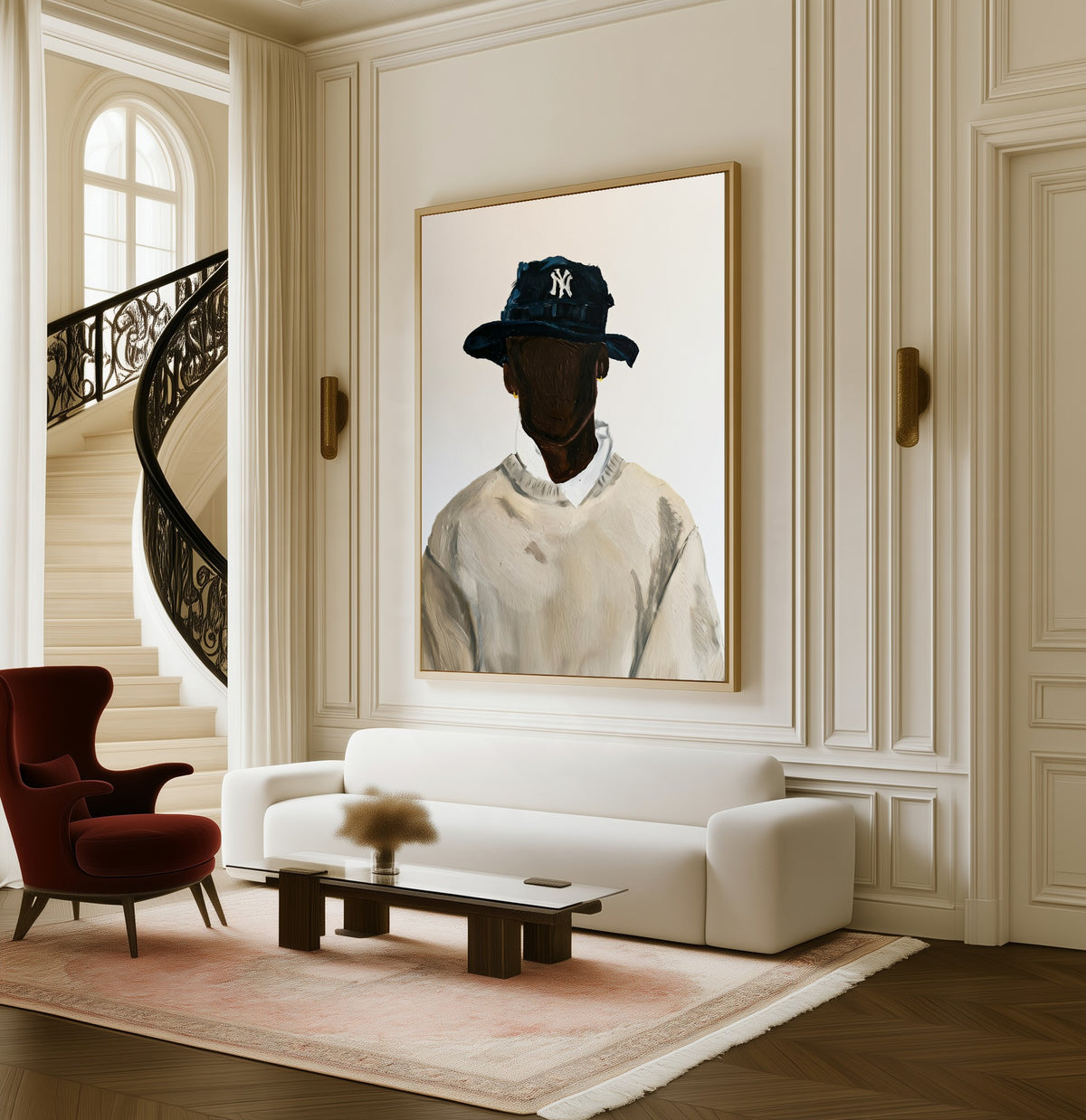 Uptown Quiet framed canvas in a living room beside a curved staircase