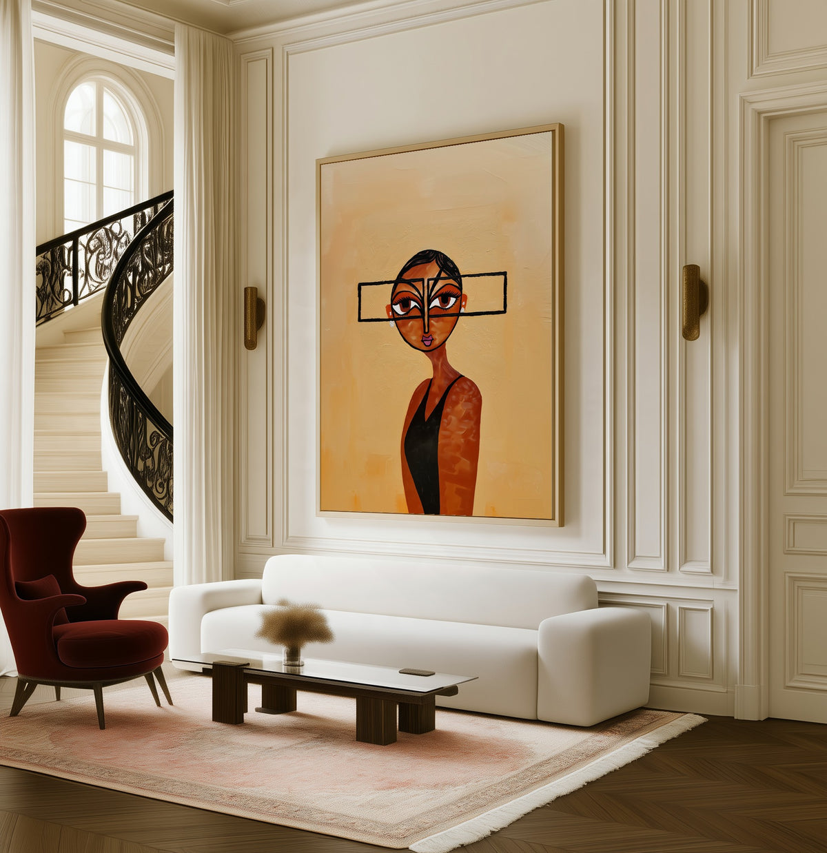 Quiet Scrutiny framed canvas in a living room beside a curved staircase