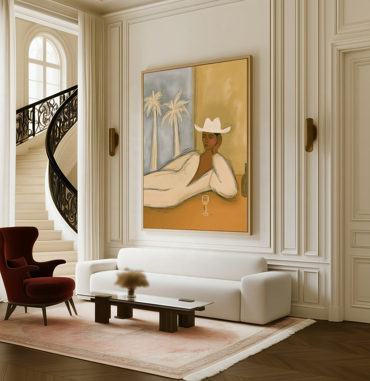 Reclining Figure with Palms framed canvas in a living room beside a curved staircase