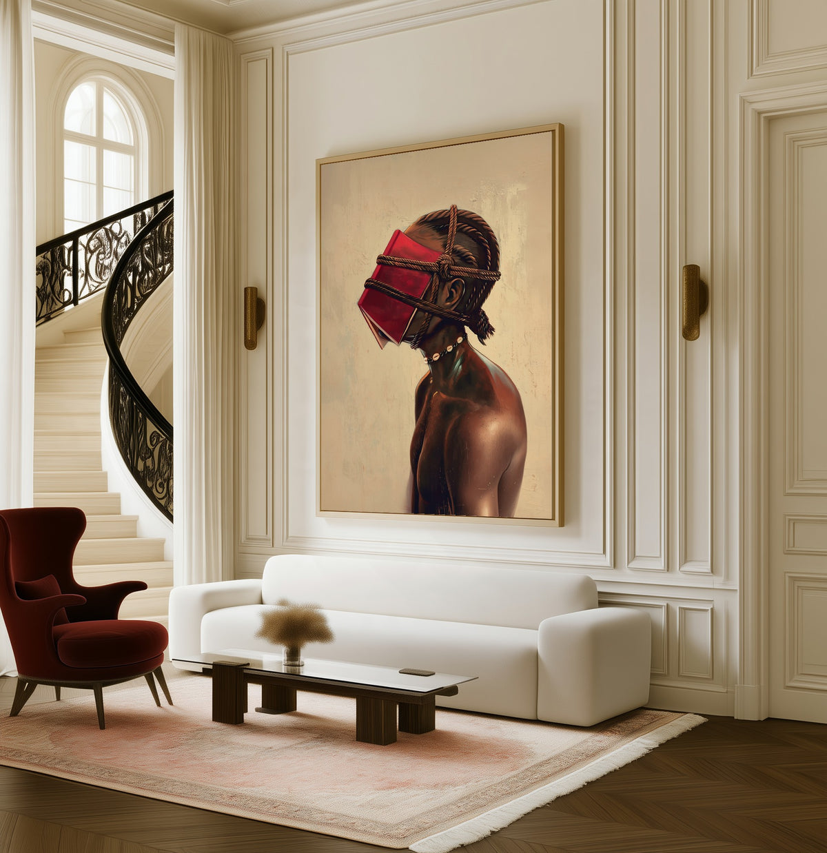 The Reader, Bound framed canvas in a living room beside a curved staircase