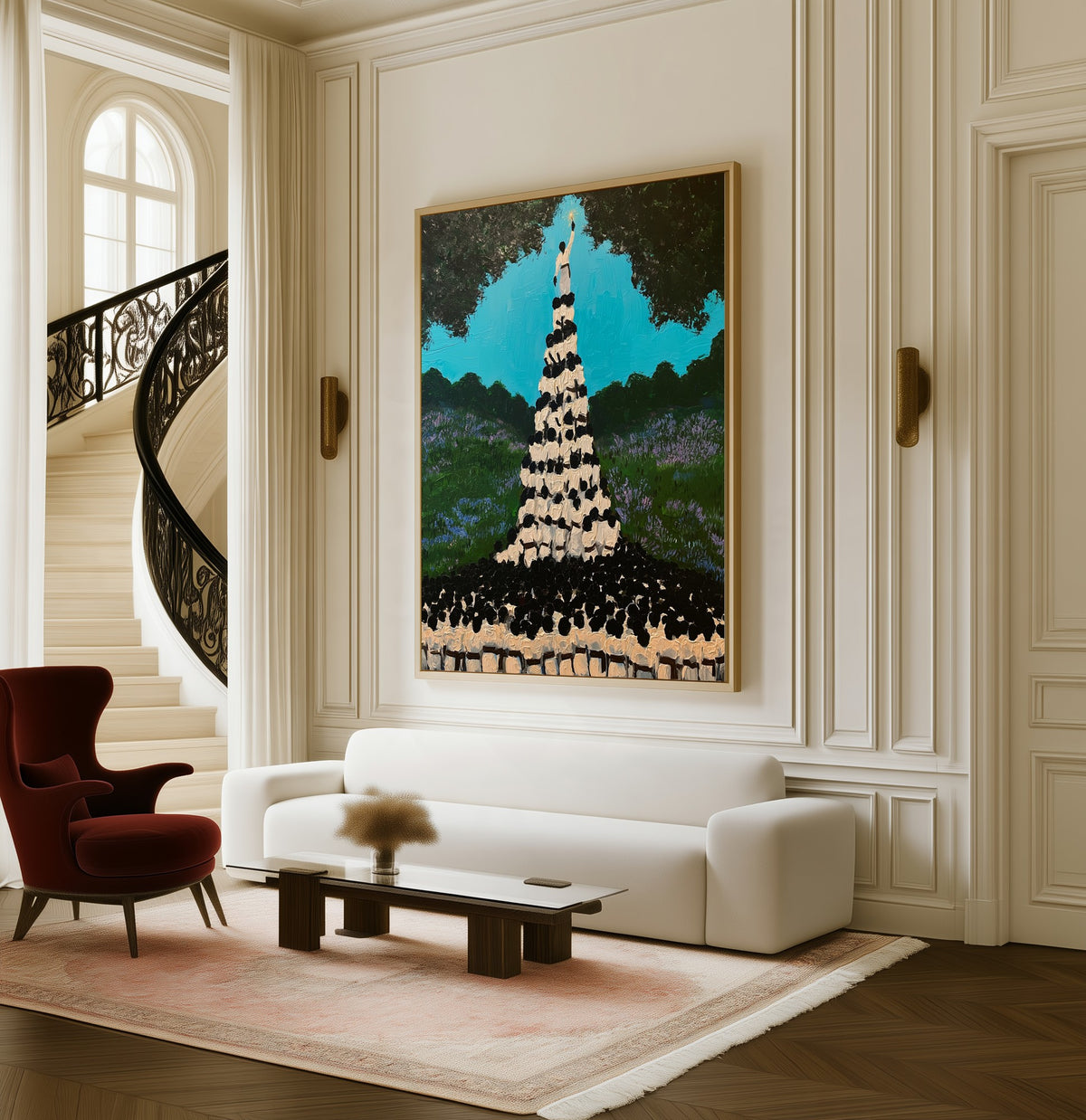 Ascent framed canvas in a living room beside a curved staircase