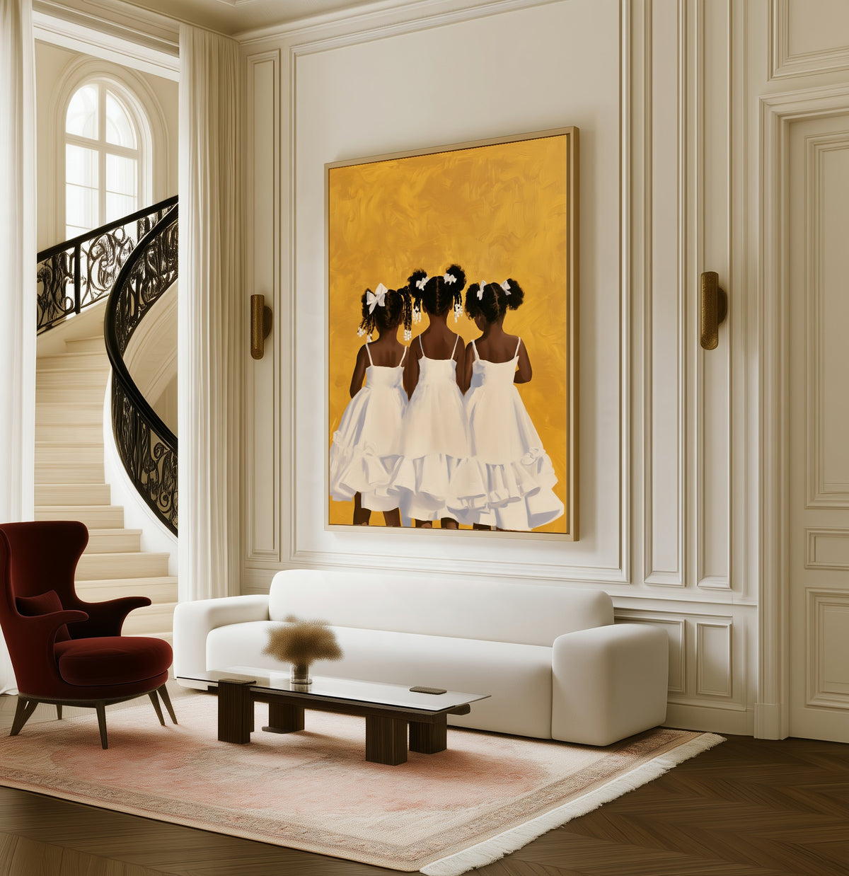 Before the Photograph framed canvas in a living room beside a curved staircase
