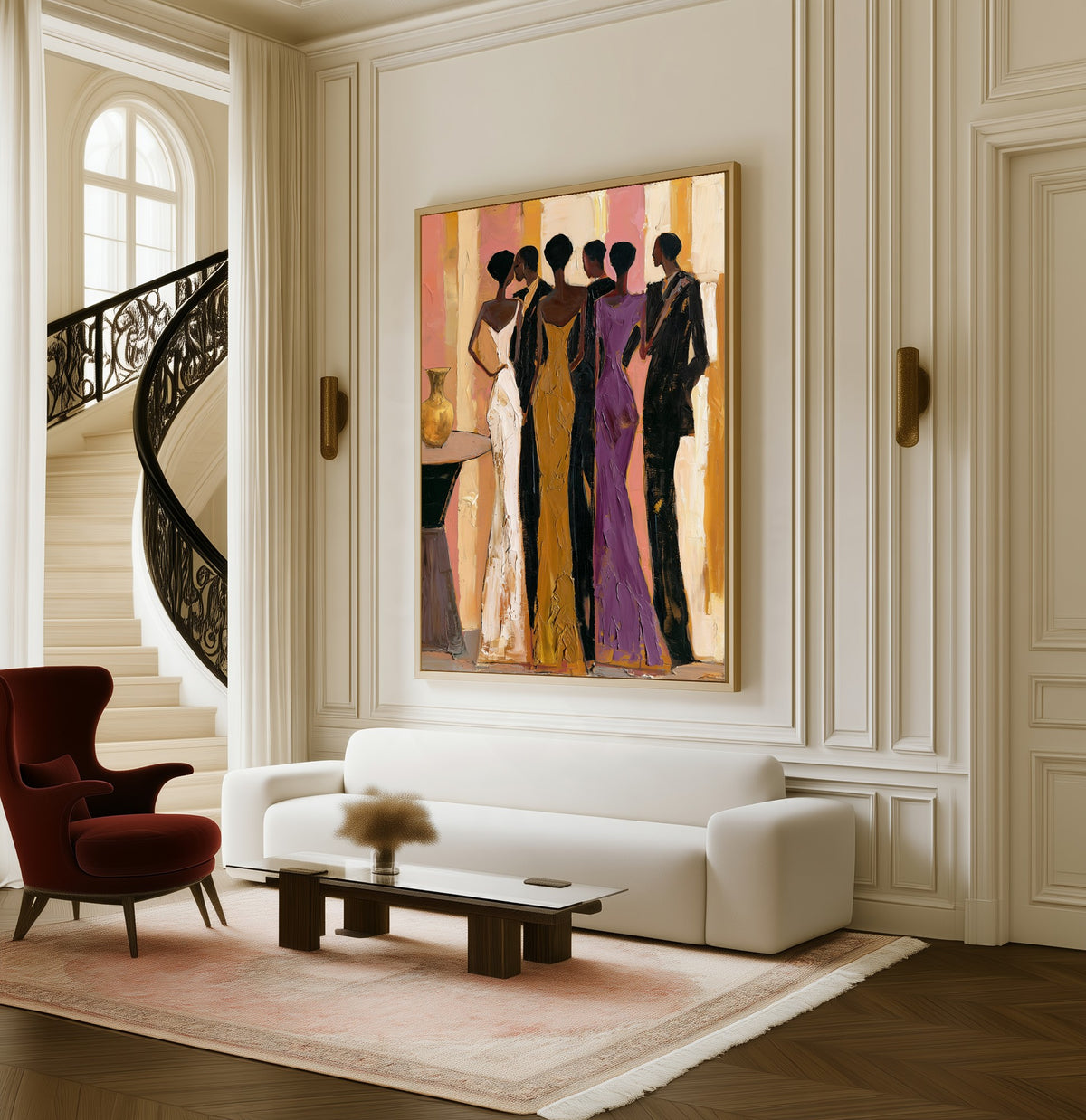 Arrivals at Eight framed canvas in a living room beside a curved staircase
