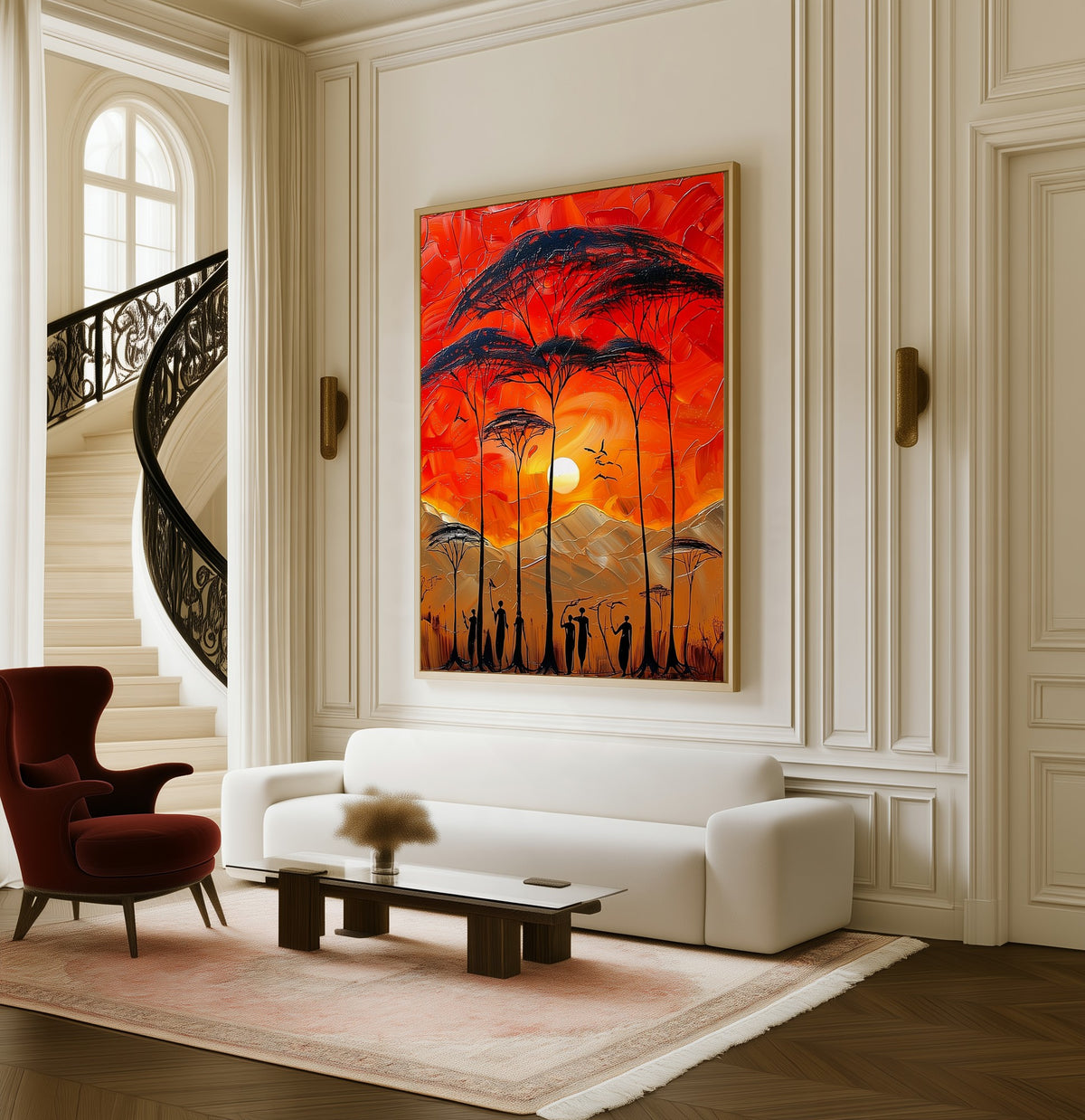 Ember Horizon framed canvas in a living room beside a curved staircase