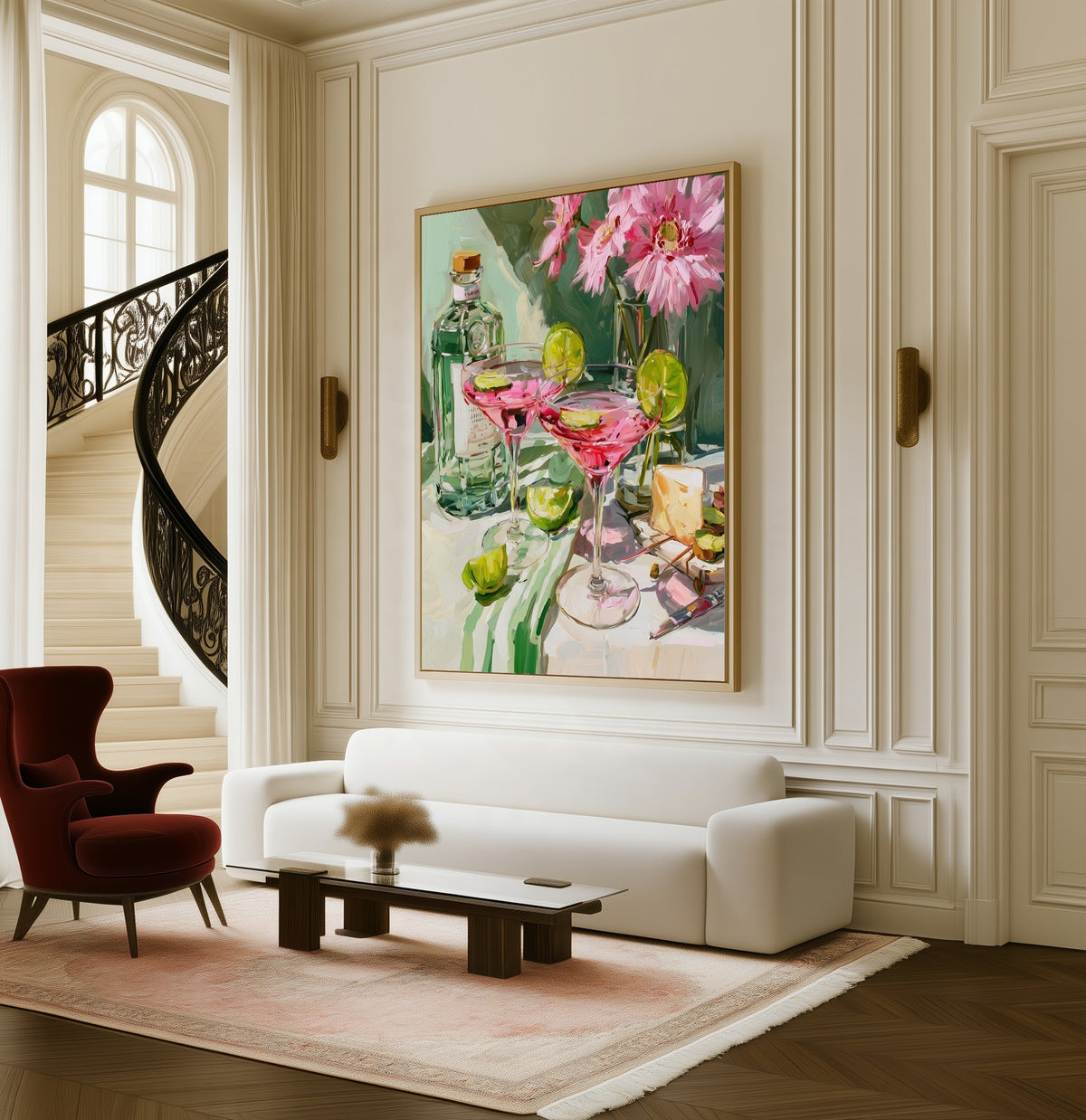 Still Life with Cosmopolitans framed canvas in a living room beside a curved staircase