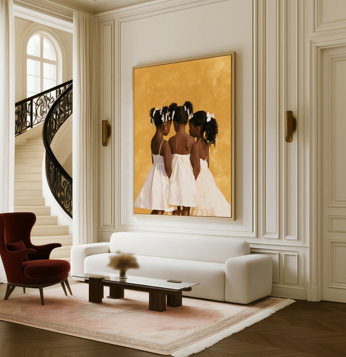 Three Sisters framed canvas in a living room beside a curved staircase