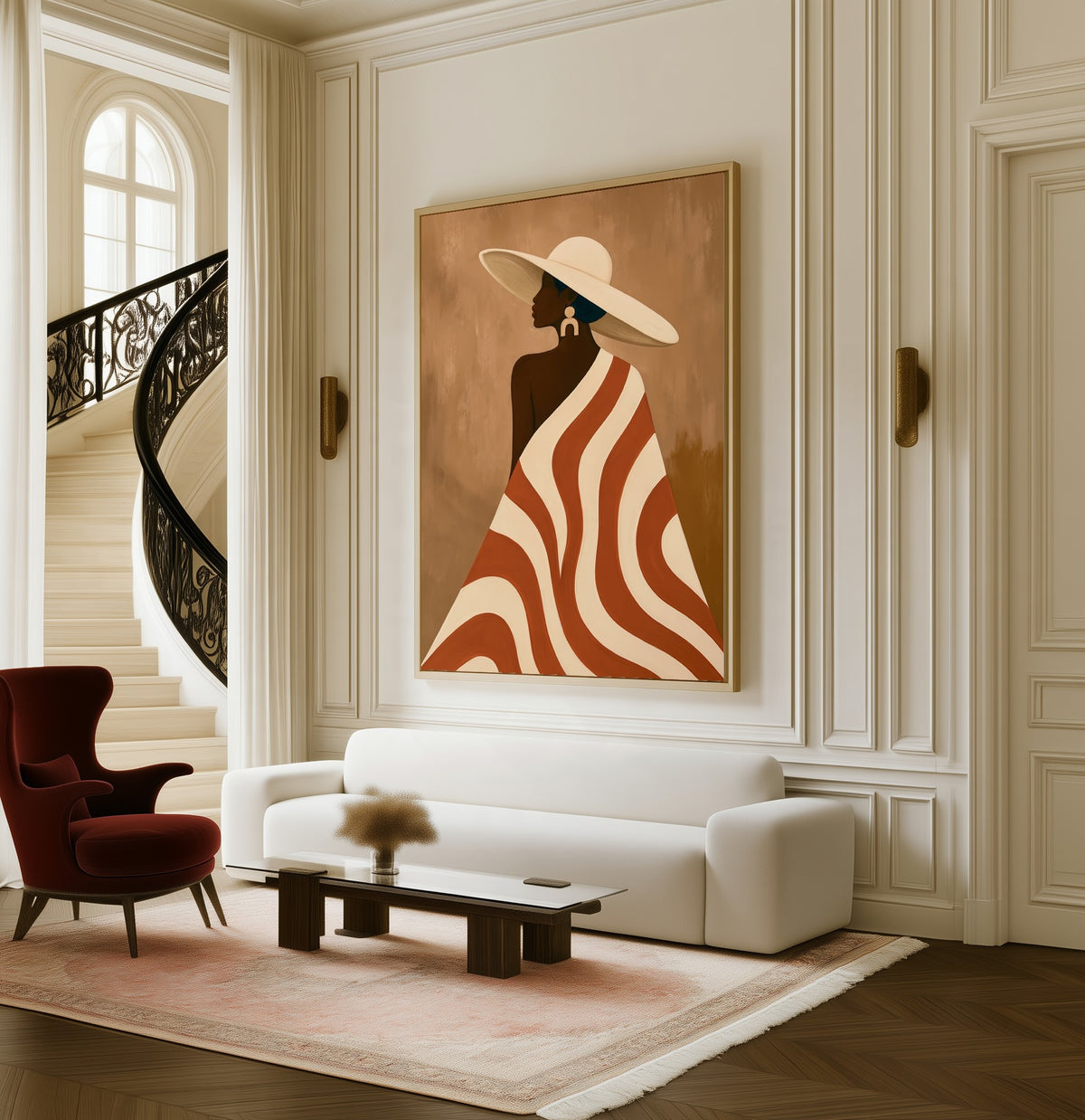 The Wide Hat framed canvas in a living room beside a curved staircase