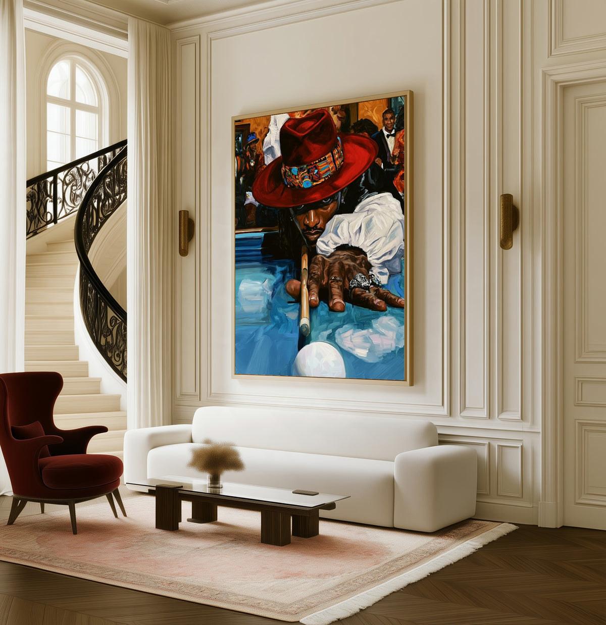 Last Shot at Midnight framed canvas in a living room beside a curved staircase