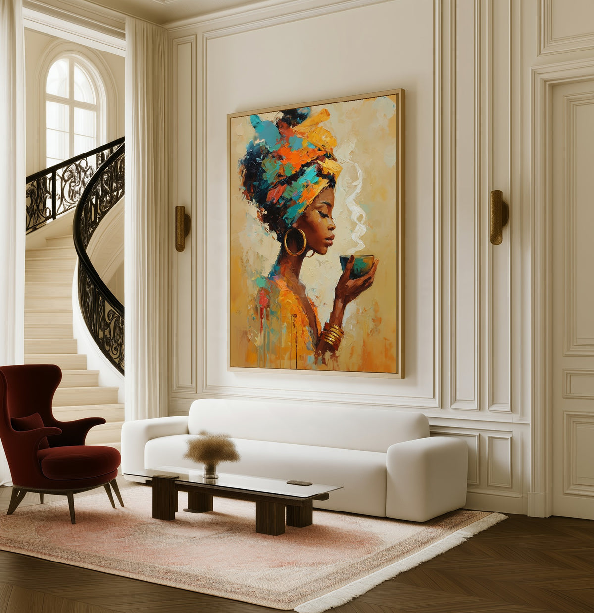 Morning Steam framed canvas in a living room beside a curved staircase