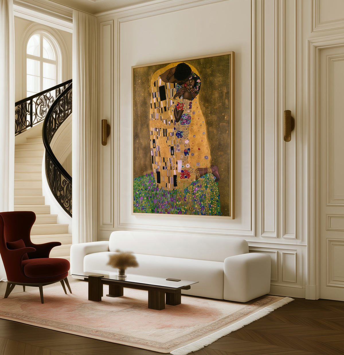 The Golden Kiss framed canvas in a living room beside a curved staircase