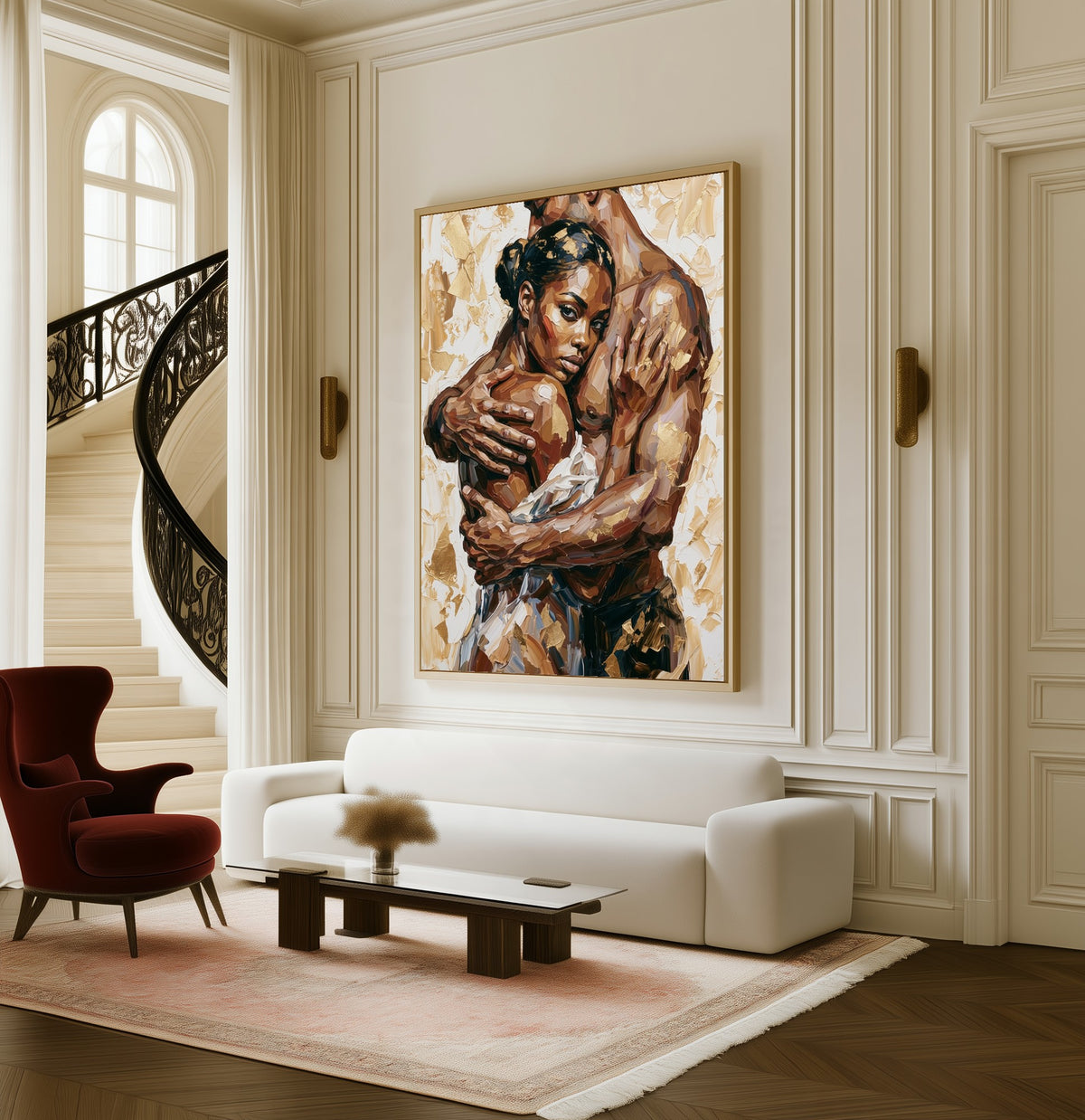 Held Close framed canvas in a living room beside a curved staircase