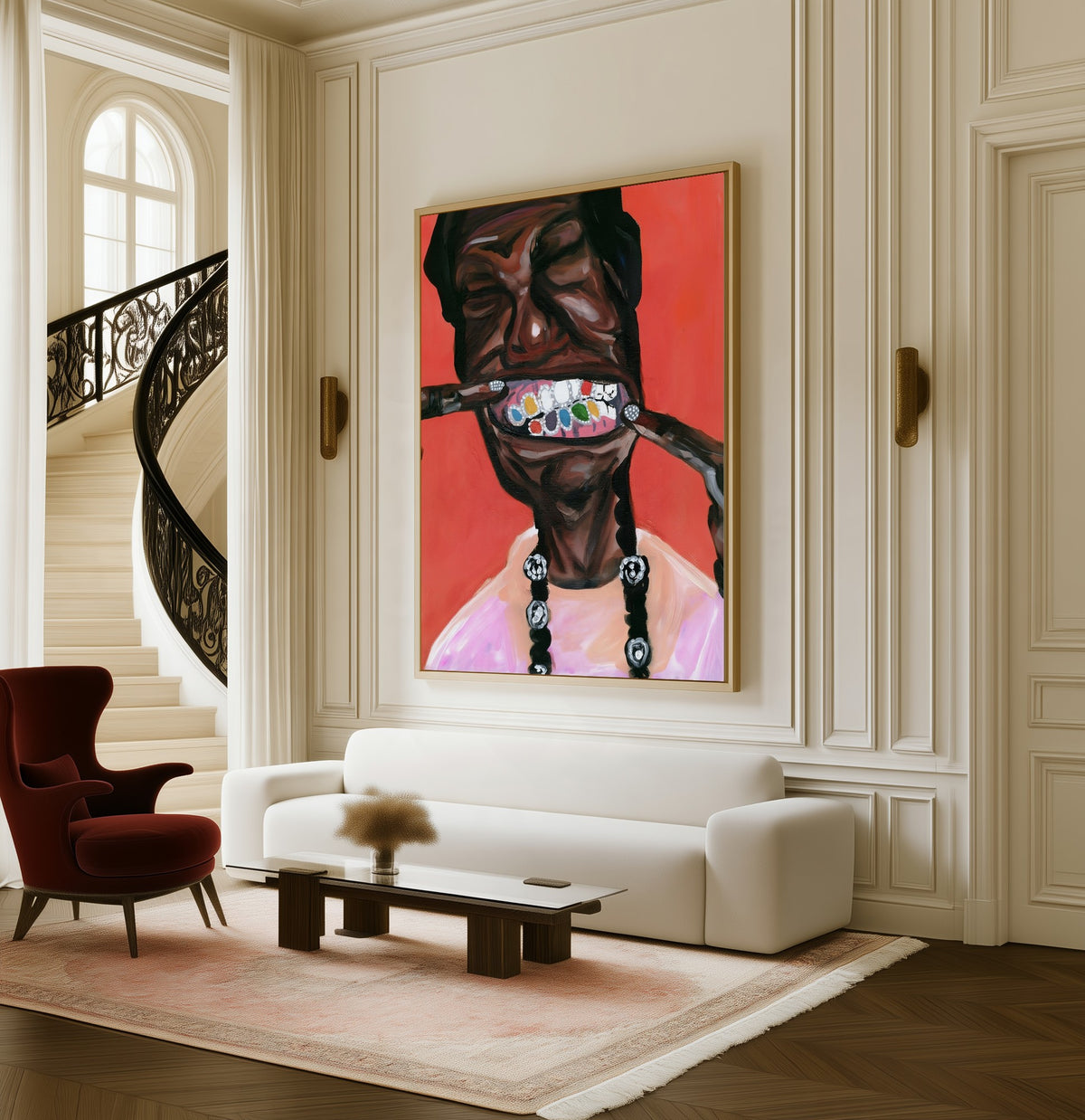 The Grin framed canvas in a living room beside a curved staircase
