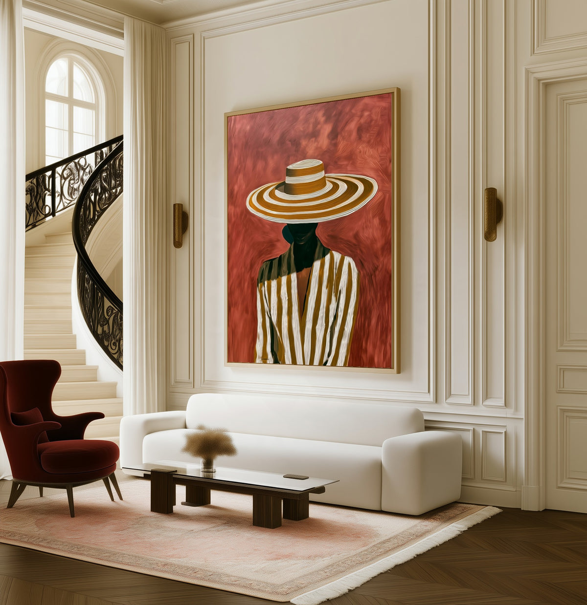 Stripes in Shade framed canvas in a living room beside a curved staircase