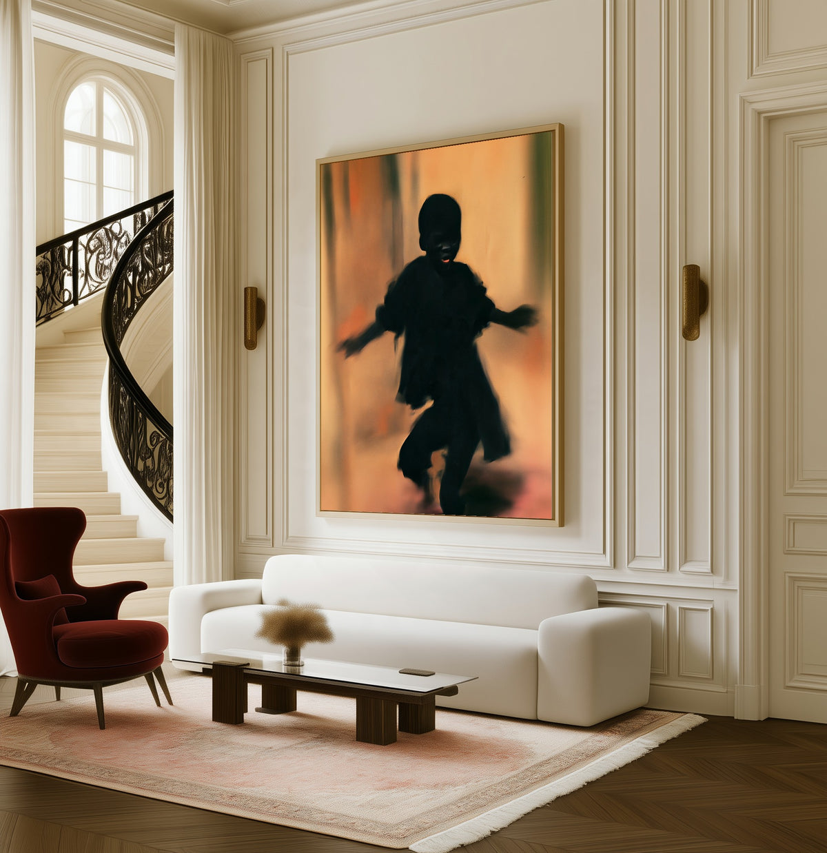 Dance in the Hall framed canvas in a living room beside a curved staircase