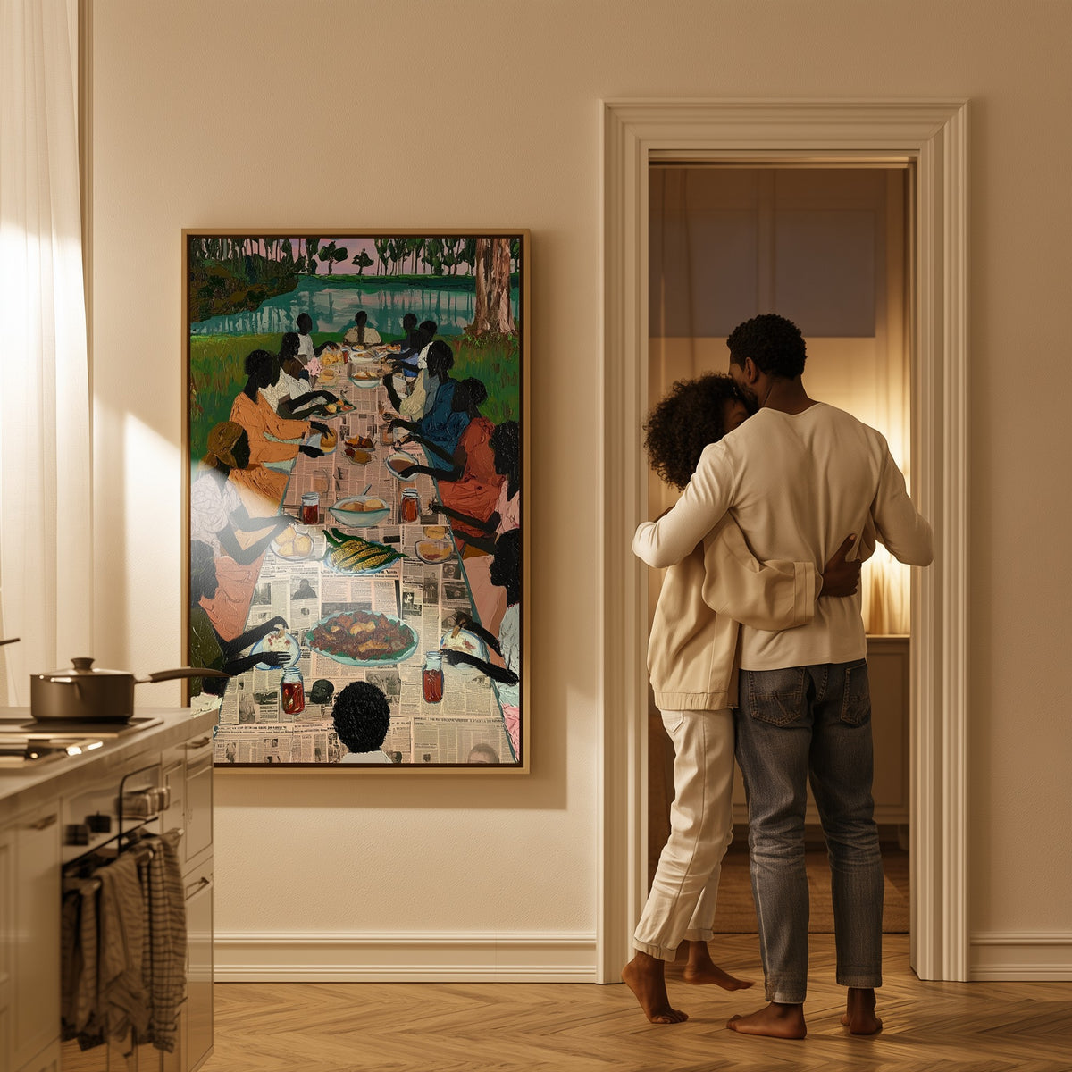 Sunday by the Water canvas in a kitchen doorway, a couple beside it