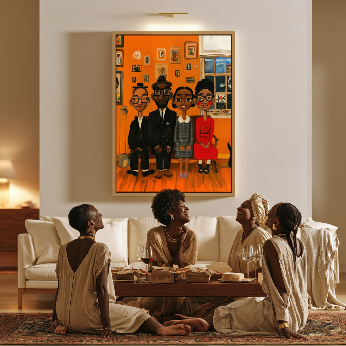 The Family Sitting canvas in a living room, a family sitting together on the floor