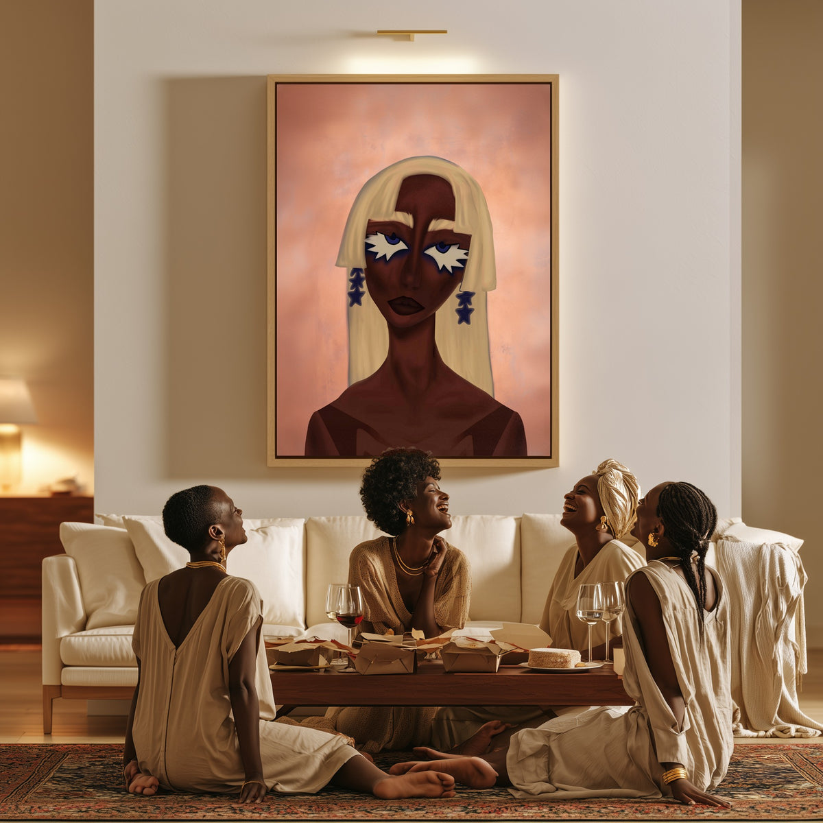 Woman with Painted Stars canvas in a living room, a family sitting together on the floor