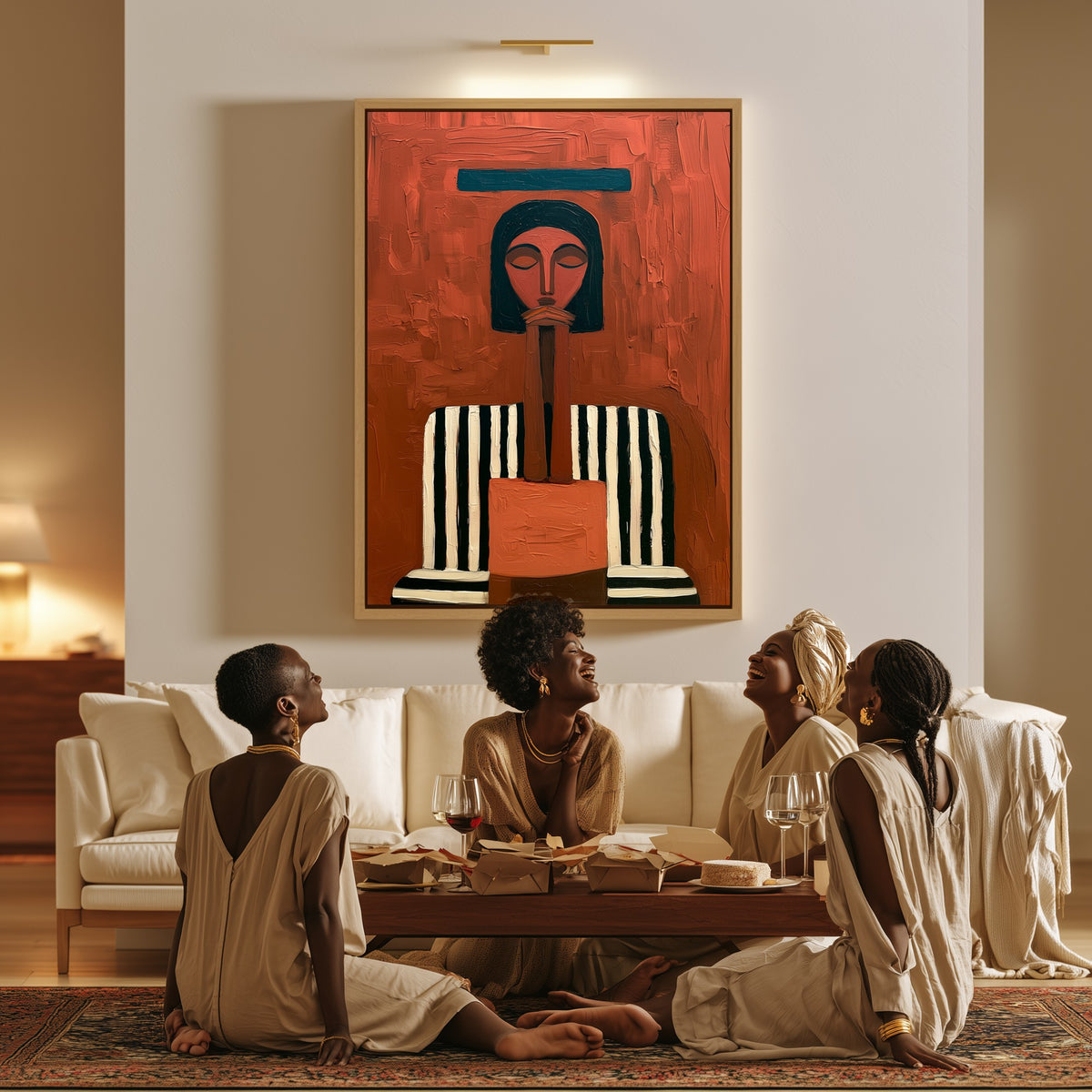 The Vigil canvas in a living room, a family sitting together on the floor