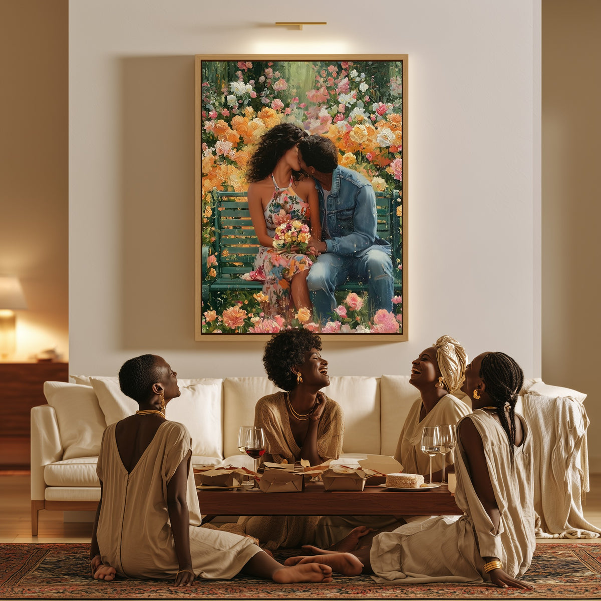 The Garden Bench canvas in a living room, a family sitting together on the floor