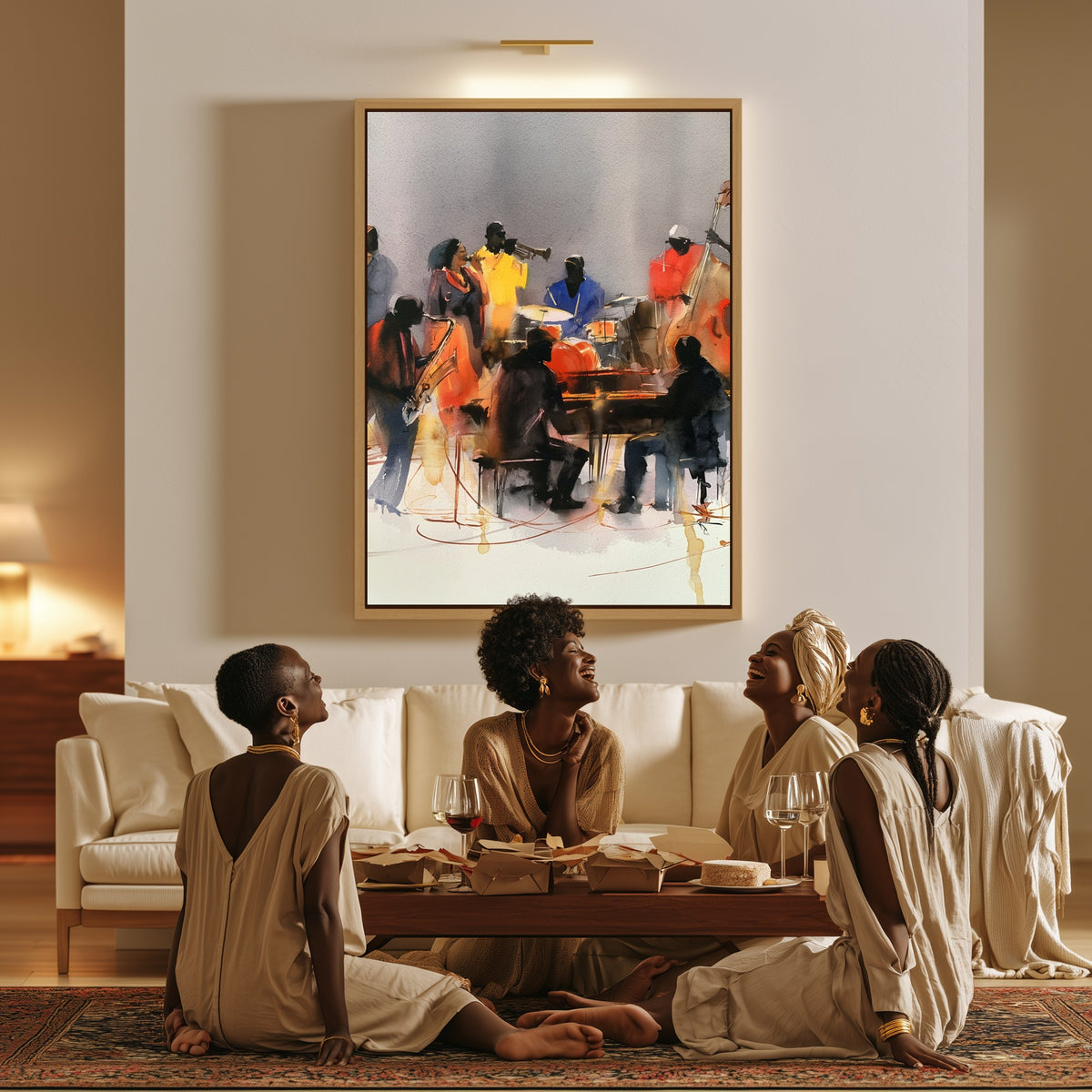 The Late Set canvas in a living room, a family sitting together on the floor
