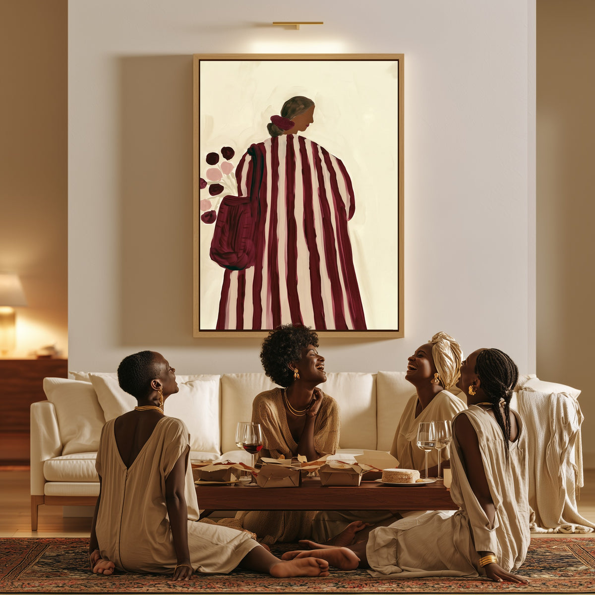 Walking Away canvas in a living room, a family sitting together on the floor