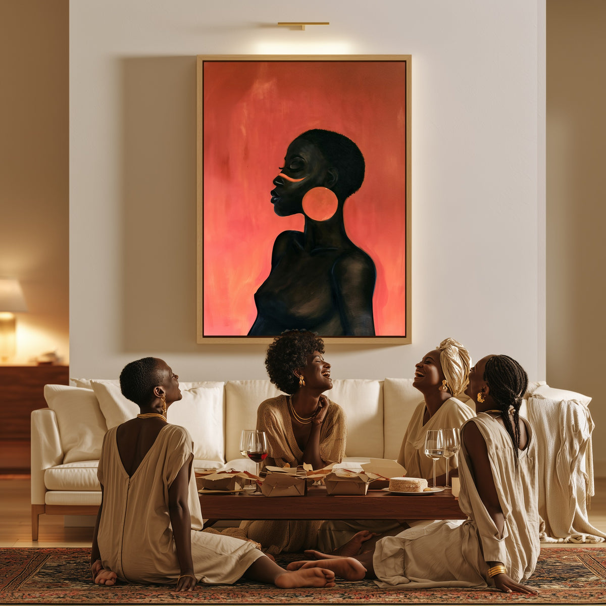 Copper Hoop canvas in a living room, a family sitting together on the floor