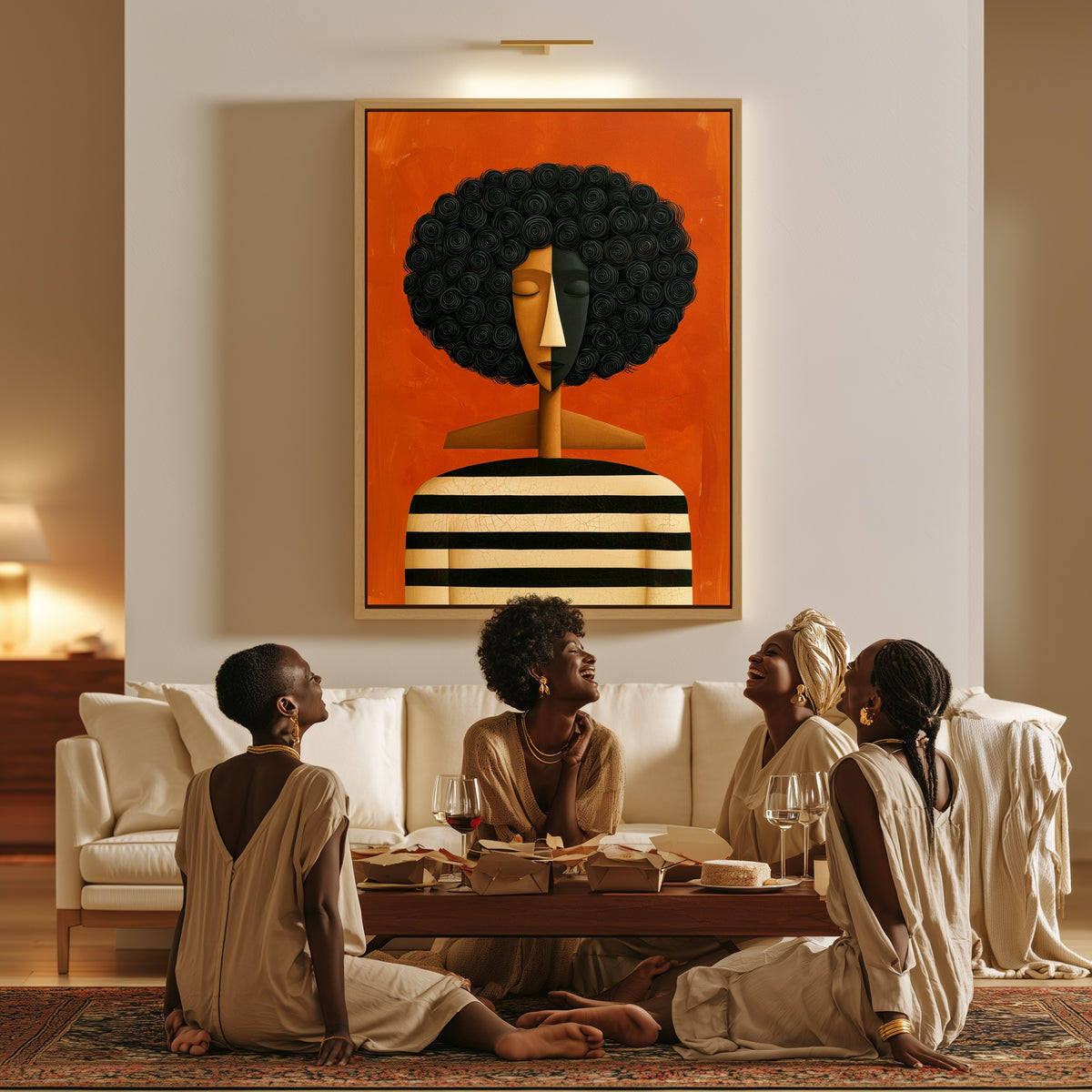 Inner Weather canvas in a living room, a family sitting together on the floor