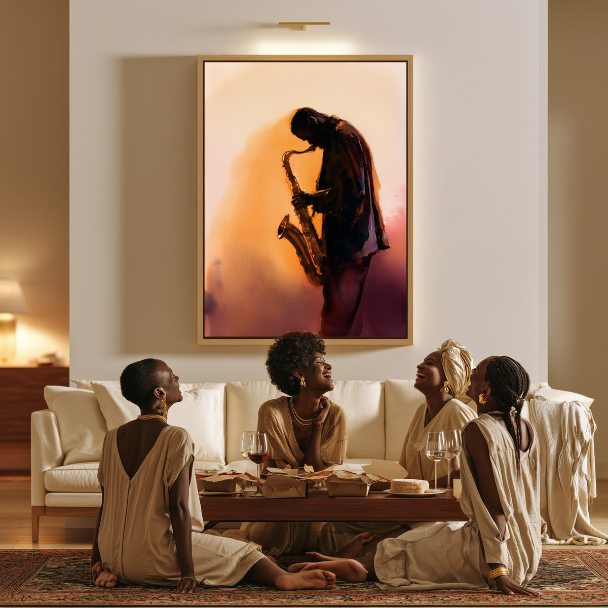 Breath and Brass canvas in a living room, a family sitting together on the floor