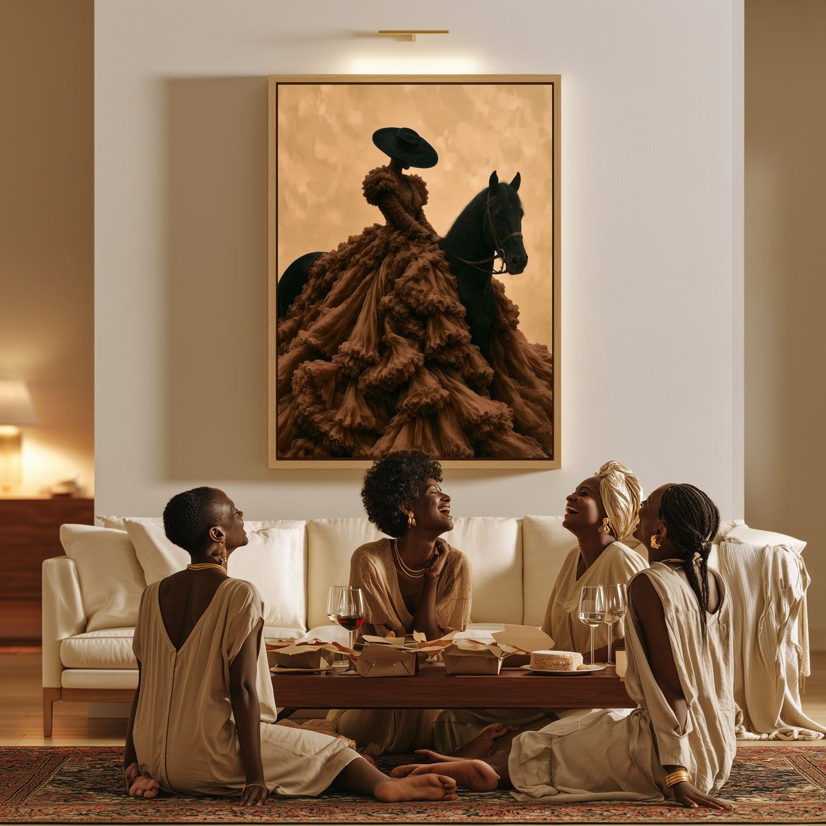 Lady with a Horse canvas in a living room, a family sitting together on the floor