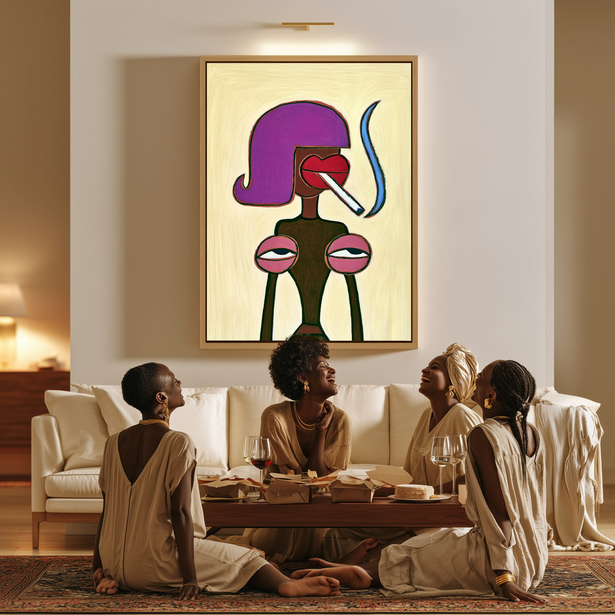 Violet Nonchalance canvas in a living room, a family sitting together on the floor