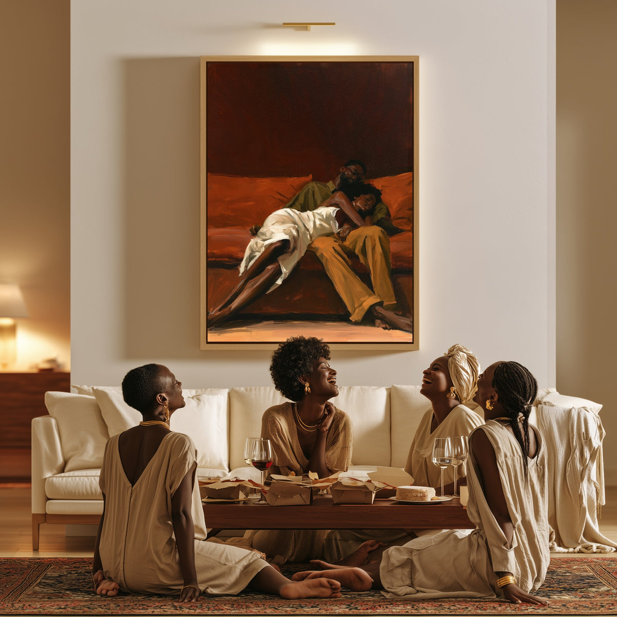 After Hours canvas in a living room, a family sitting together on the floor