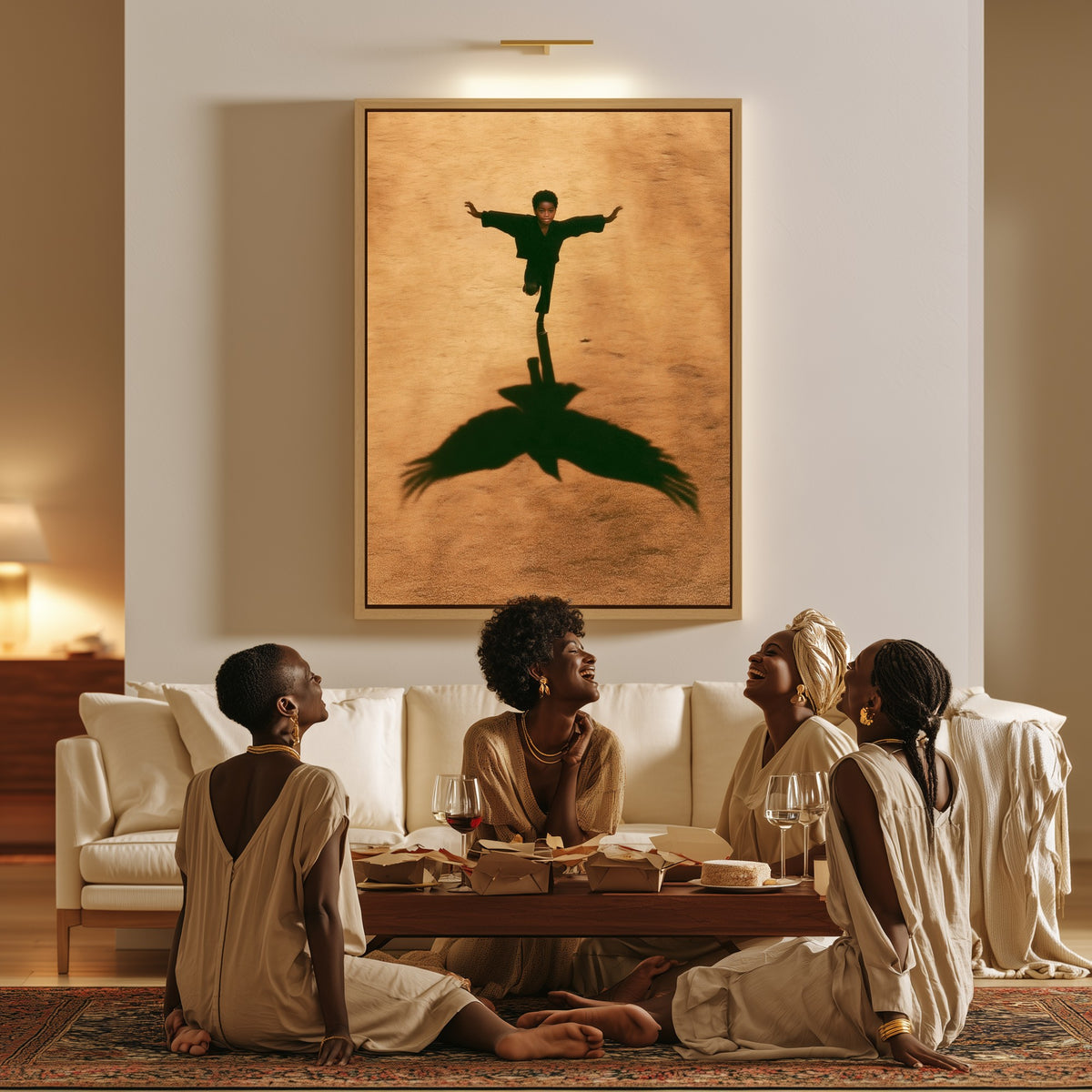 First Flight canvas in a living room, a family sitting together on the floor
