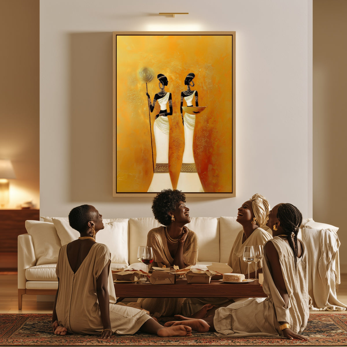 Twin Vigil canvas in a living room, a family sitting together on the floor