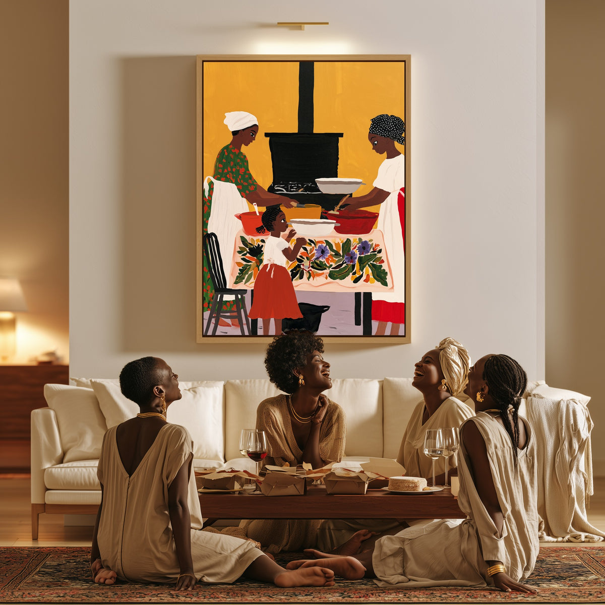 Stirring with Mama canvas in a living room, a family sitting together on the floor