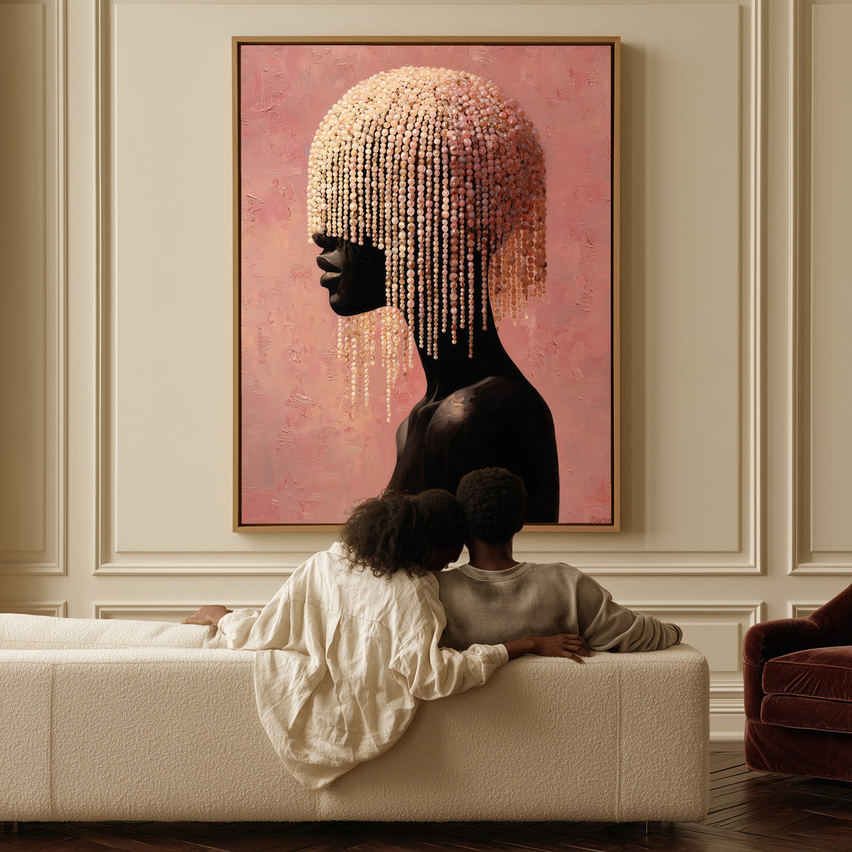 Veil of Pearls canvas above a sofa, a couple sitting together