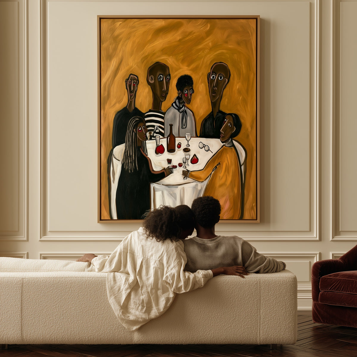 The Second Bottle canvas above a sofa, a couple sitting together