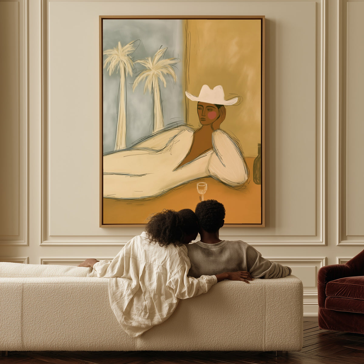 Reclining Figure with Palms canvas above a sofa, a couple sitting together