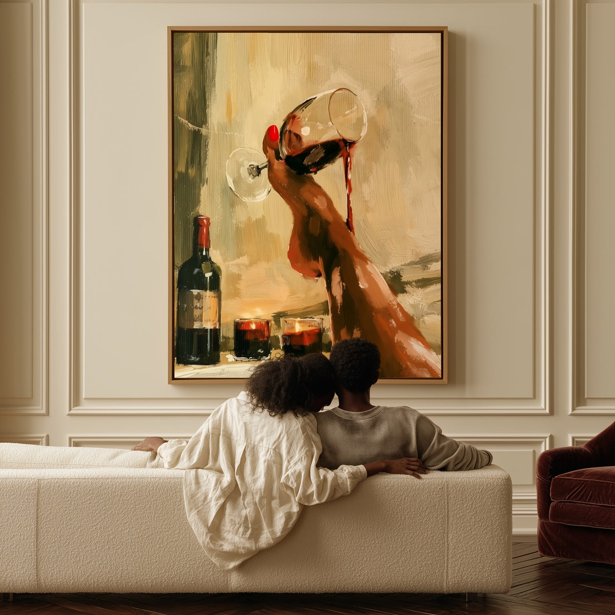 The Pour canvas above a sofa, a couple sitting together