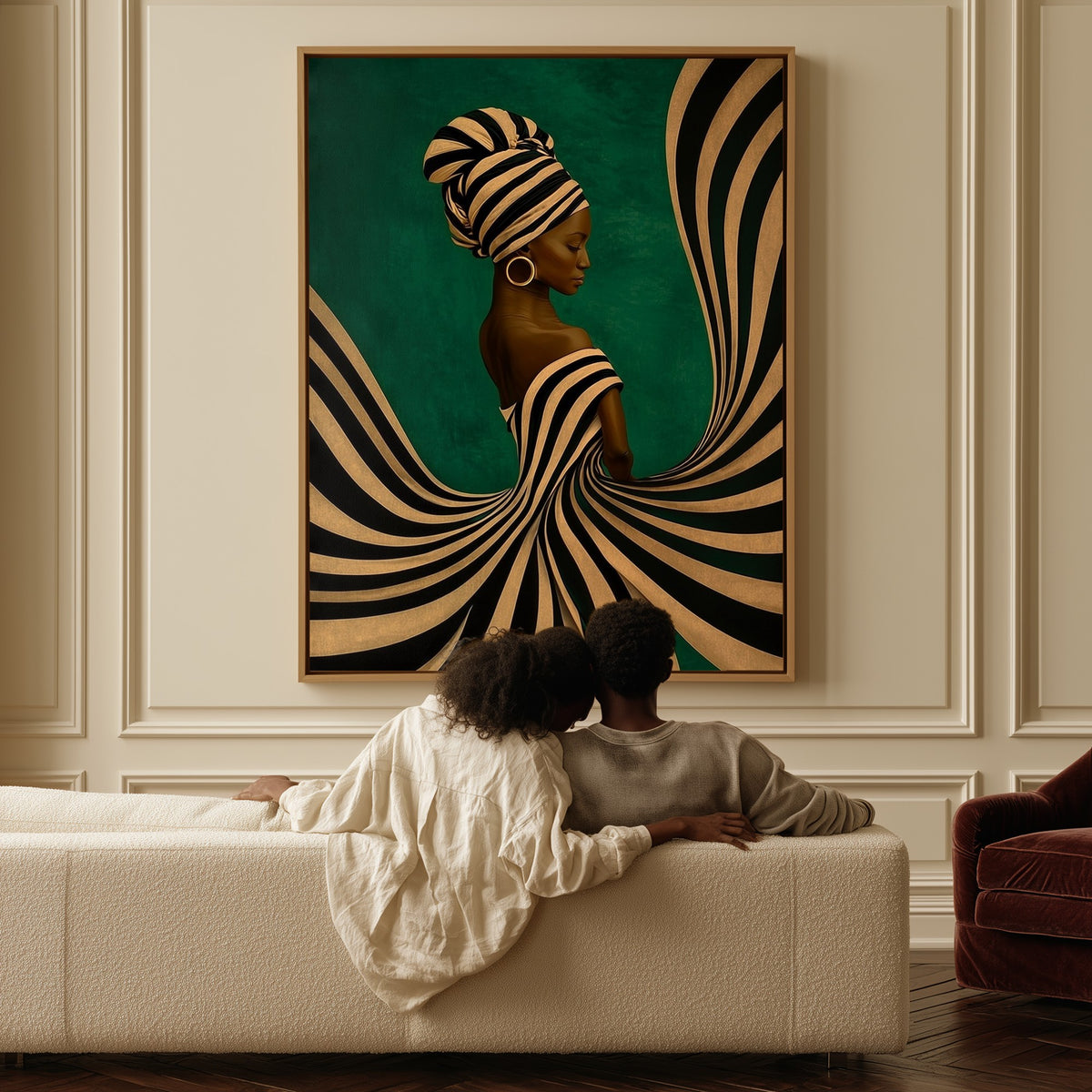 Spiral Gown canvas above a sofa, a couple sitting together