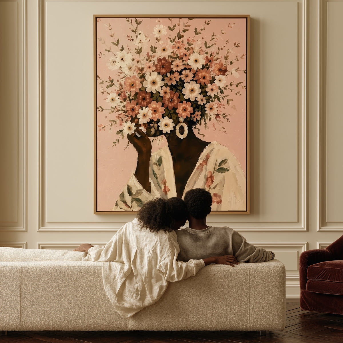 Full Bloom canvas above a sofa, a couple sitting together