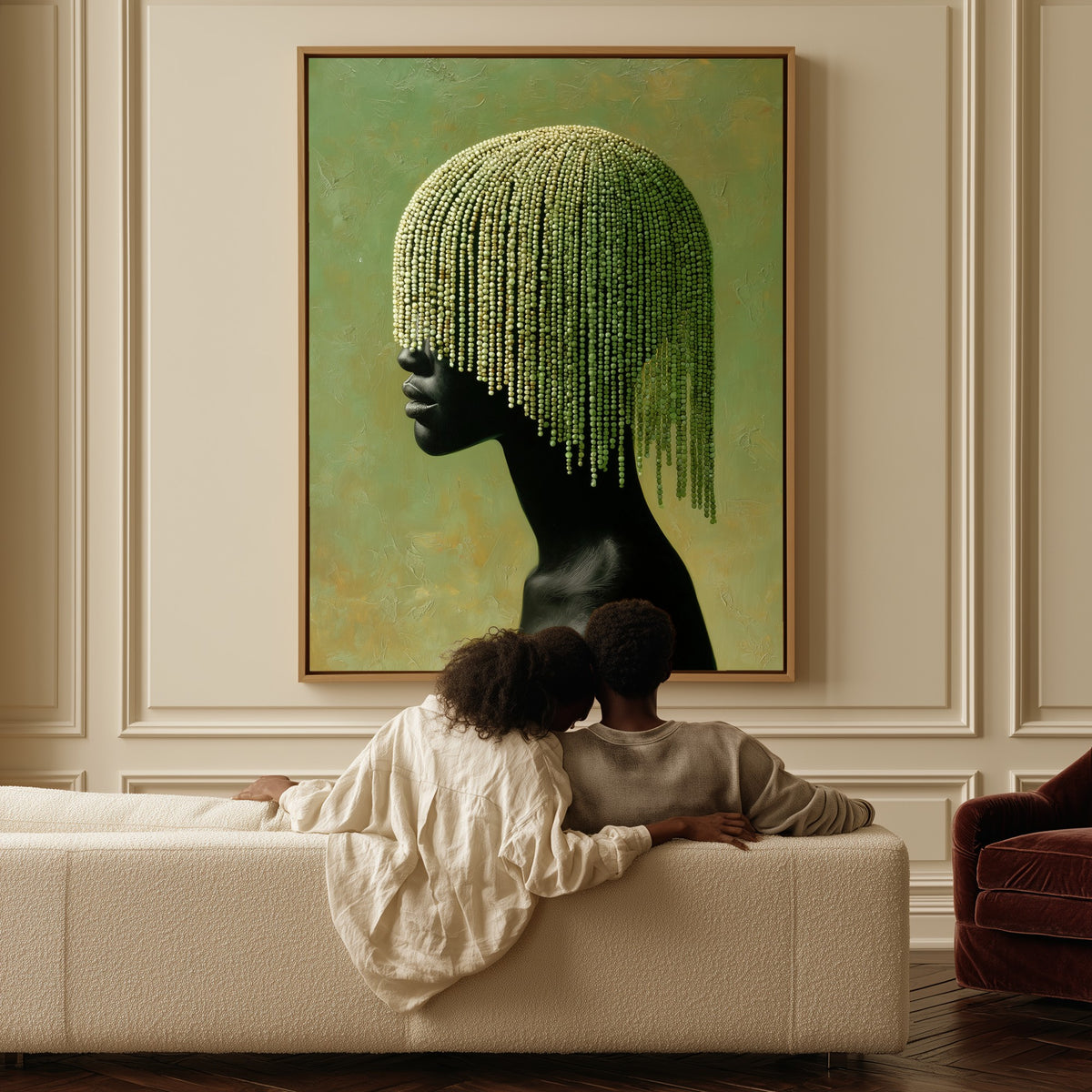 Veil in Sage canvas above a sofa, a couple sitting together