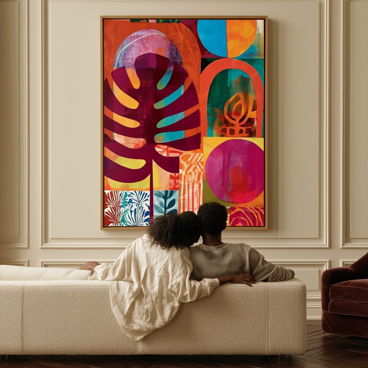 Tropic Reverie canvas above a sofa, a couple sitting together