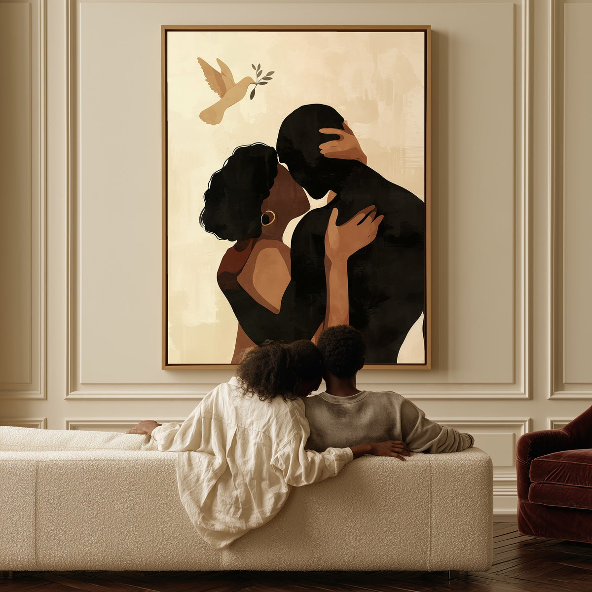 Under the Dove canvas above a sofa, a couple sitting together